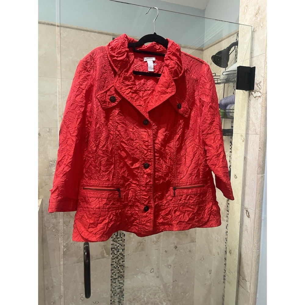 Chico’s Crinkle Sheen Jacket Sz 2 Satin Red